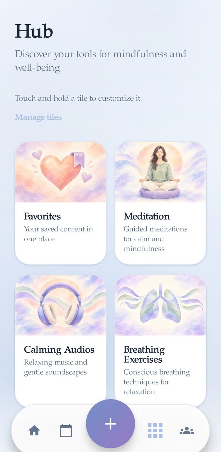 Nafuu hub with meditation, calming audio and breathing tools