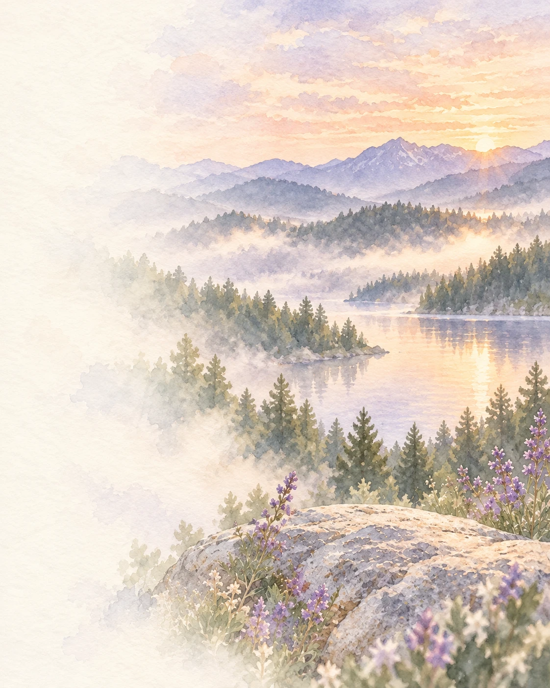 Aquarell eines nebligen Sees mit Bäumen im Morgenlicht