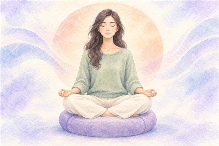 Watercolour illustration of a woman meditating