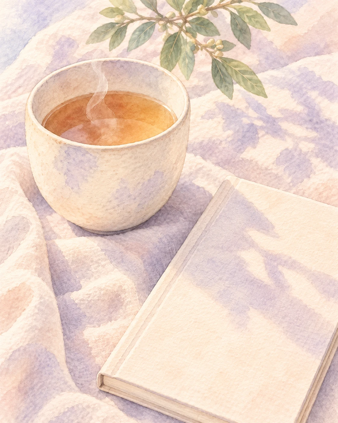 Watercolour of warm tea and a blank journal